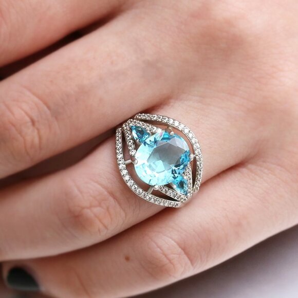 🎀 Fashion Oval Sea Blue Gems Zircon Stackable Rings for Women, EVGG1569 - Picture 2 of 7